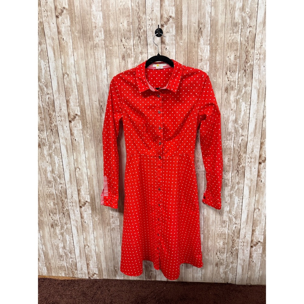 Boden Red Polka Dot Long Sleeve Button Front Shirt Dress Pockets Womens 2R